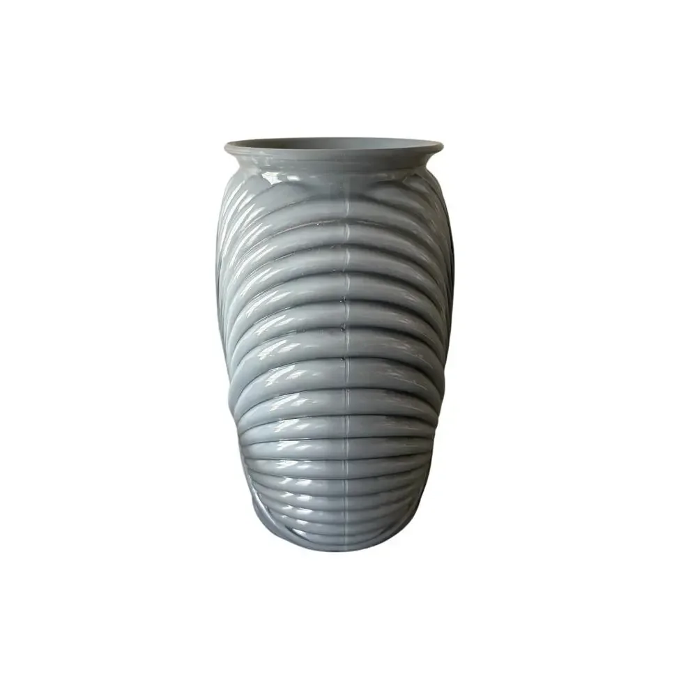 Vintage Gray Art Deco Revival Ribbed Wrapped Art Glass Vase 9.5” Anchor Hocking